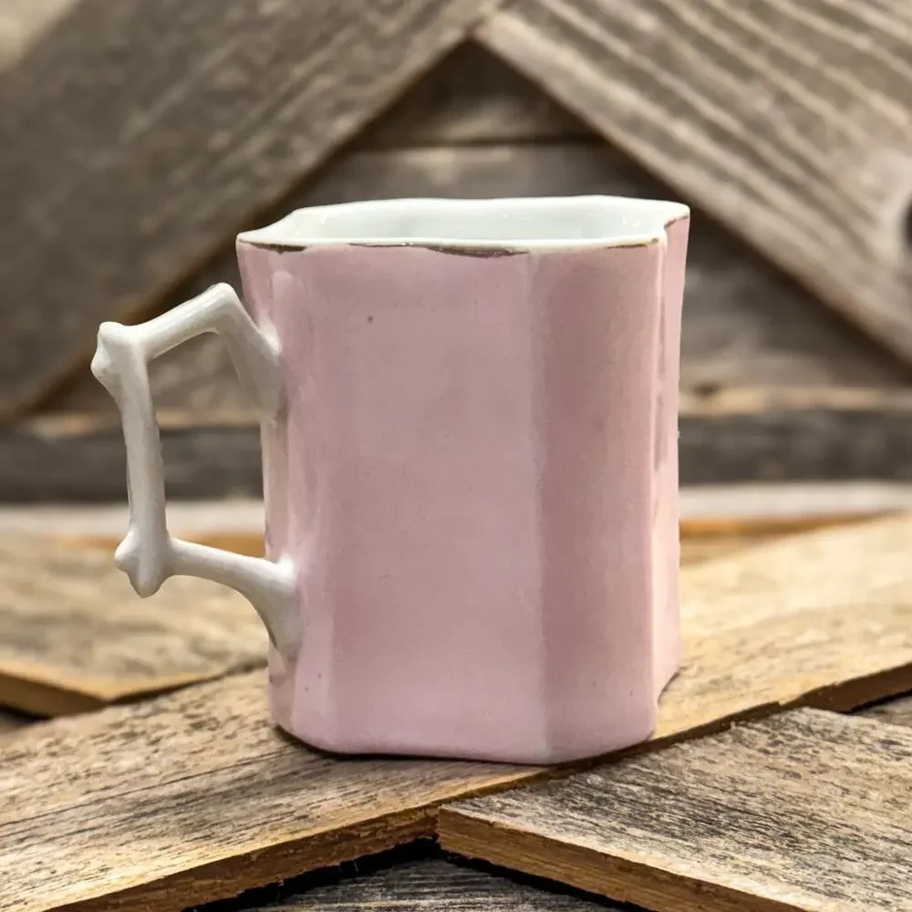 19th Century Victorian Pink Bone China Wishbone Handled Cup w/ Winter Landscape